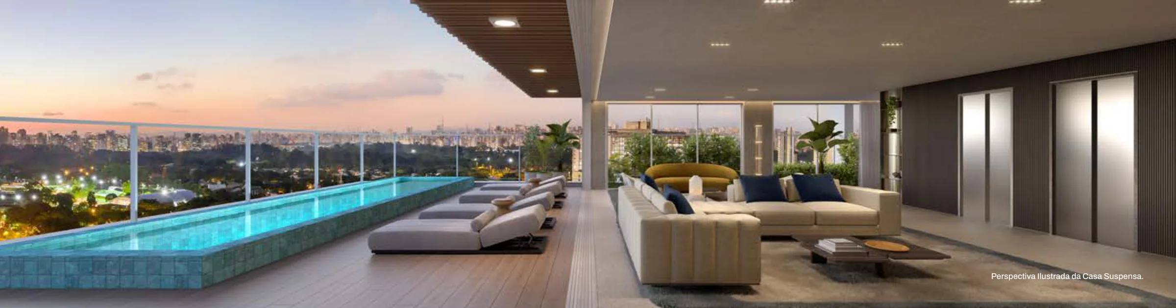 Terraço da casa suspensa, com piscina privativa