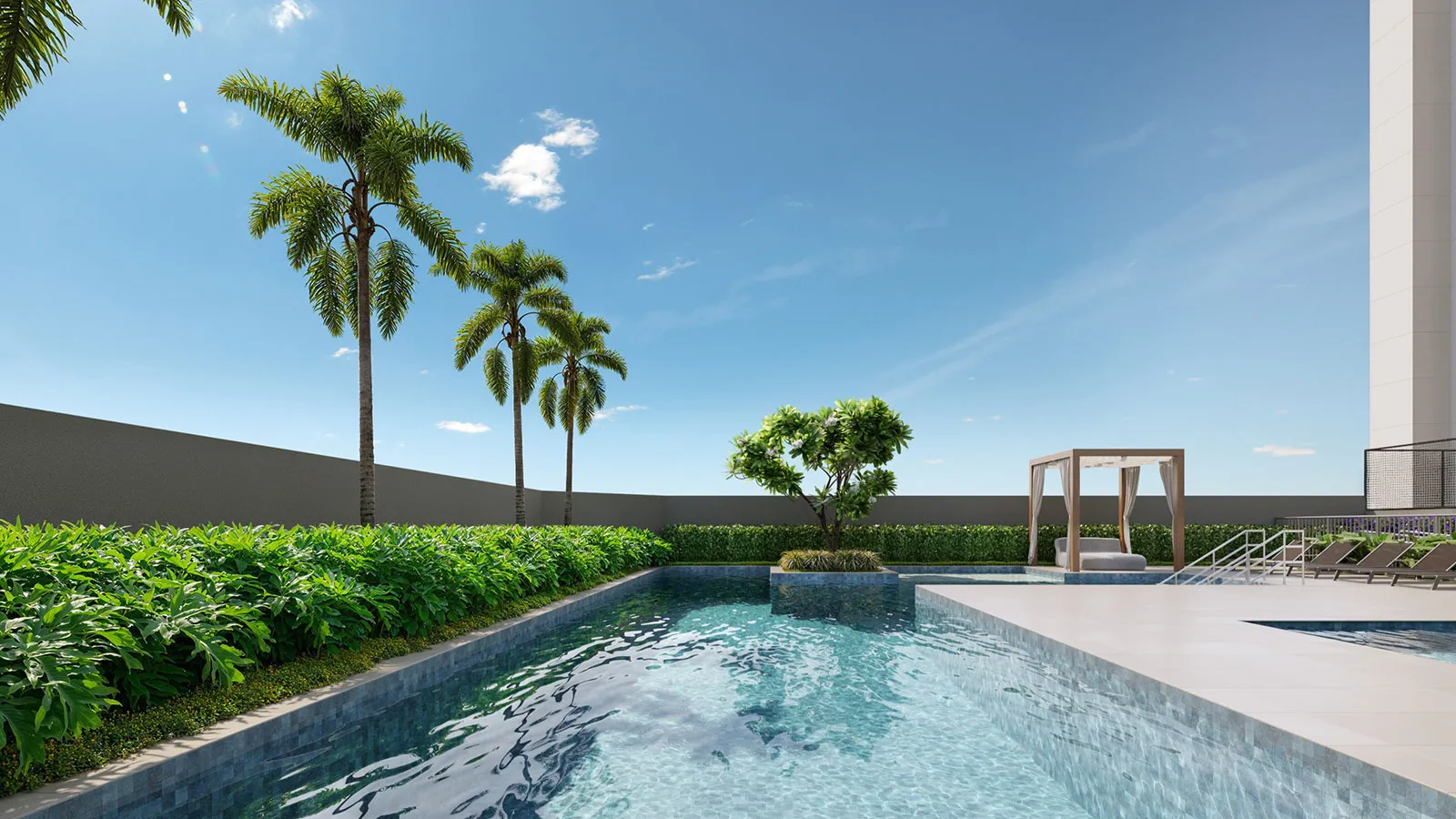Piscina com wet deck e solário